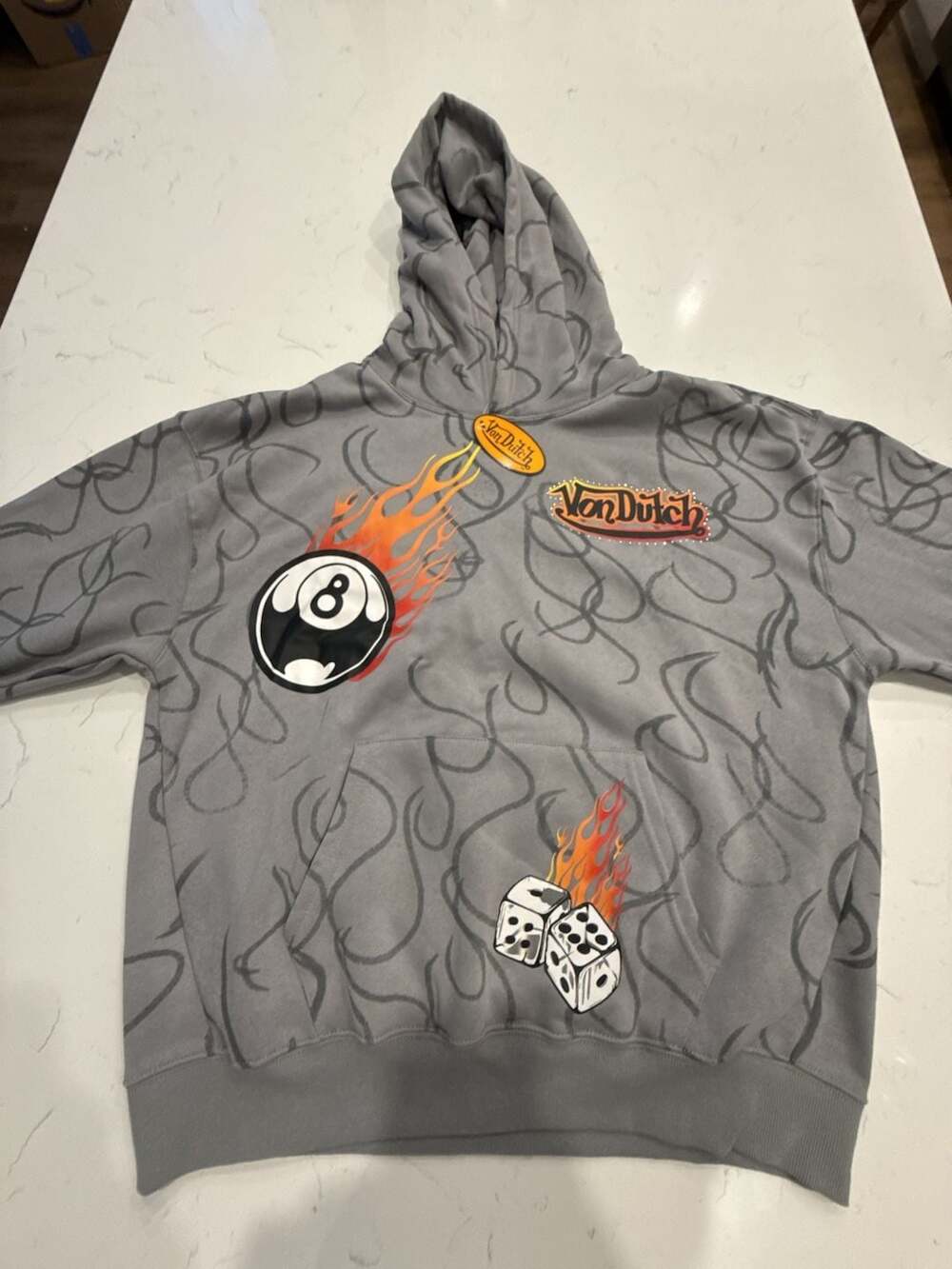 Von Dutch Gray Flame 8-Ball and Dice Graphic Pullover Hoodie Sweatshirt
